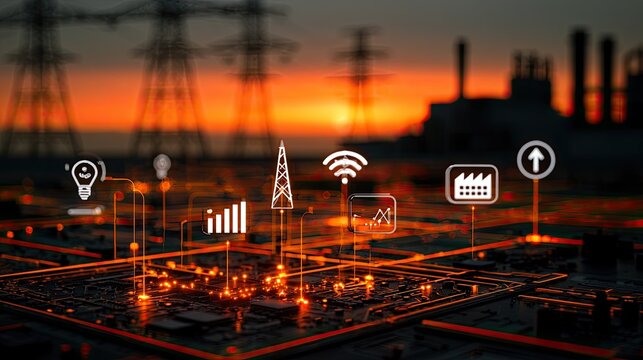Digital network overlay on industrial landscape at sunset