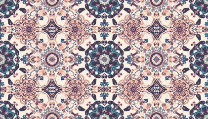 Seamless ornamental pattern with intricate geometric and floral motifs in muted blue, pink, and cream tones, creating a decorative and elegant background. © Narutoab