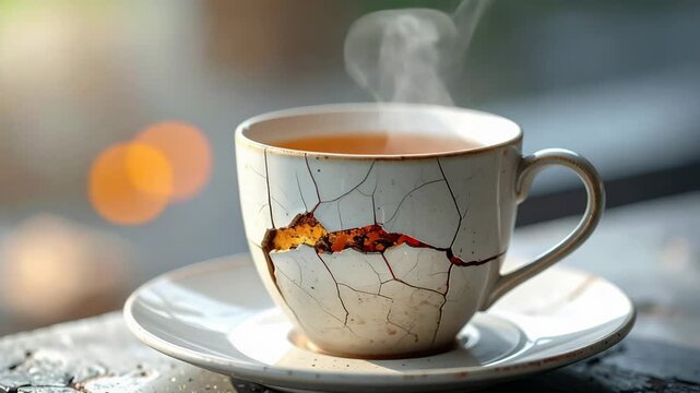 Steaming hot drink in unique cracked cup with golden kintsugi art