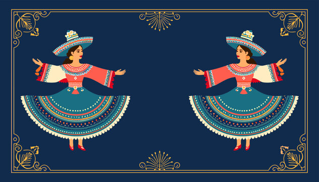 Two stylized women in traditional folk costumes with wide-brimmed hats and patterned skirts dancing on a dark blue background with ornate gold borders.