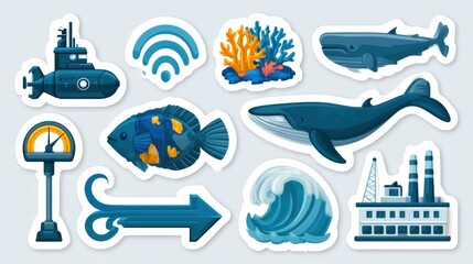 Obraz premium Sticker sheet includes twelve designs focused on ocean science such as submarines, fish, waves, and coral reefs for educational purposes.