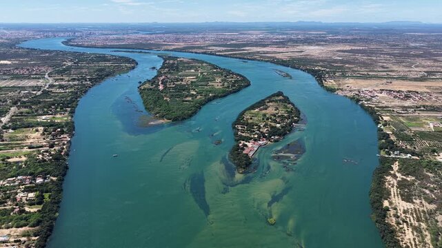Sao Francisco River In Juazeiro Bahia Brazil. Tropical River With A Scenic Forest Trees Viewed From Above. Delta Nature Forest Background Hydrography Bay. Delta Green. Juazeiro Bahia.