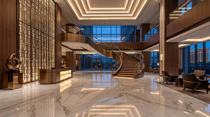 Fototapeta premium Luxury Corporate Hotel Lobby with Grand Spiral Staircase