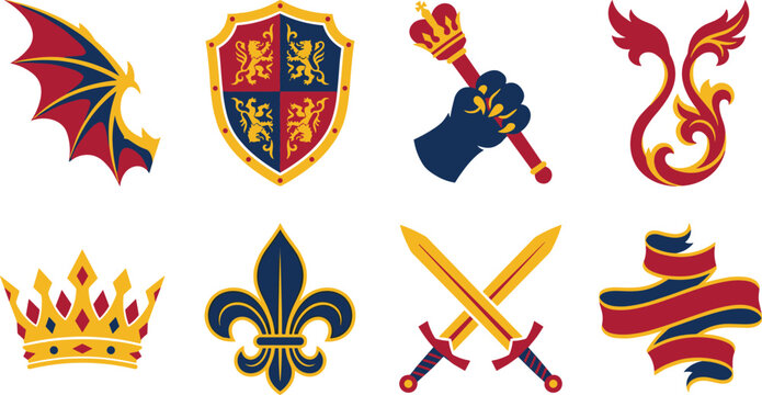 Set of medieval royal heraldry and fantasy kingdom icons with crown, shield, and sword
