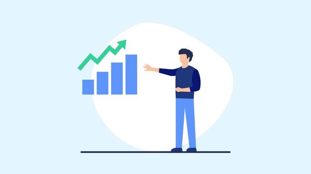 Businessman presenting business growth bar chart animation