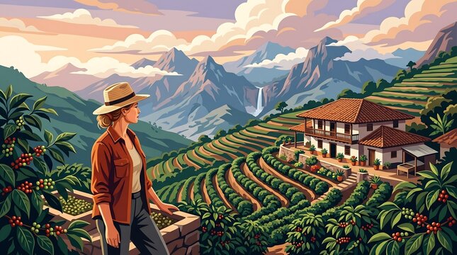 Female Farmer at Terraced Coffee Plantation with Waterfall