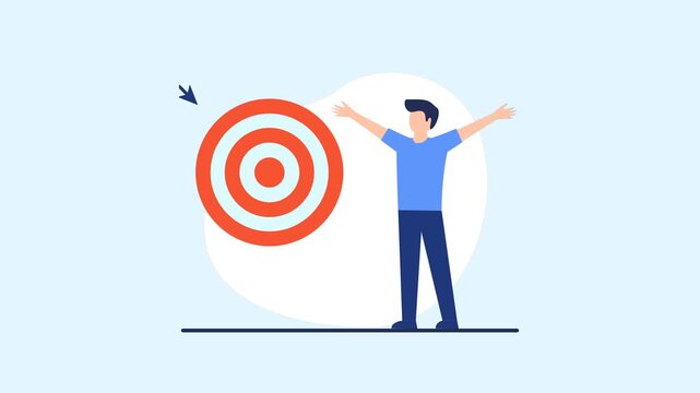Successful businessman achieving goal with arrow in target bullseye animation