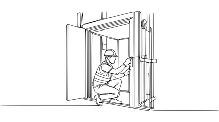 Construction worker inspecting elevator shaft door mechanism, safety vest and hard hat, line art illustration © Mam