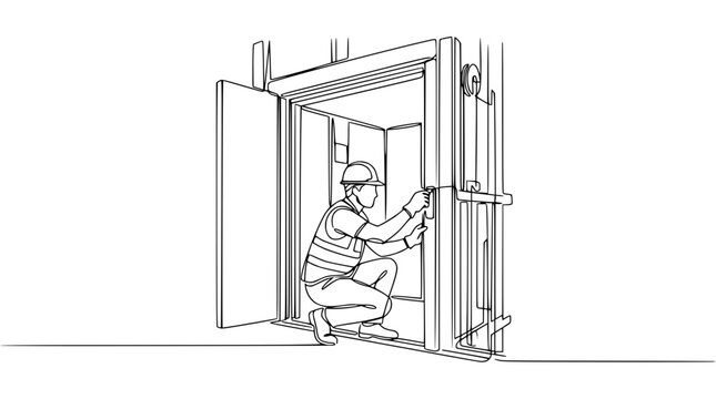 Construction worker inspecting elevator shaft door mechanism, safety vest and hard hat, line art illustration