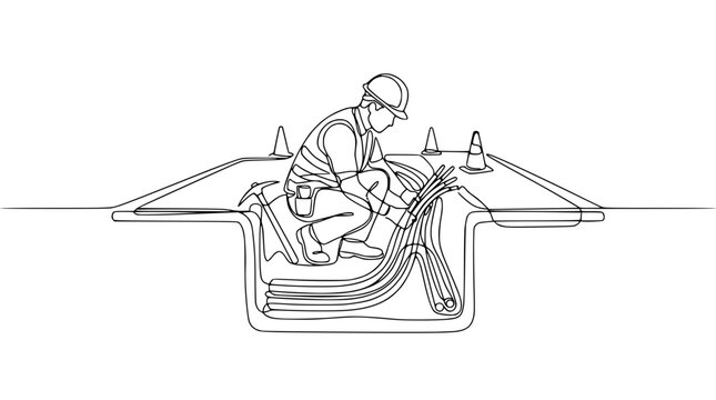 Construction worker installing cables in trench, single line drawing, safety equipment
