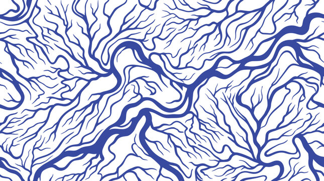 Seamless abstract pattern of interconnected blue river delta branching lines on a white background