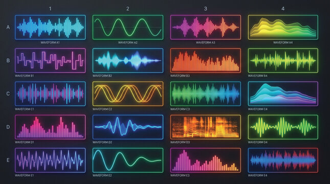Sound visualizers present multiple audio signal graphs organized within a dark interface.