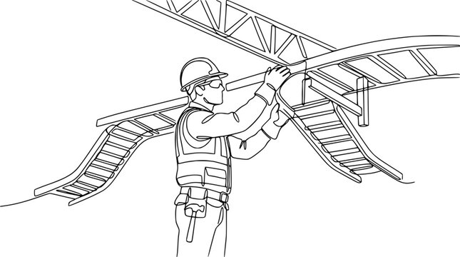Construction worker installing cable tray in industrial building, line drawing