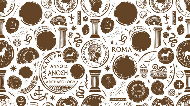 Seamless pattern of ancient roman coins and archaeological artifacts in brown on white background