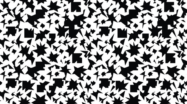 Seamless pattern of scattered black geometric shapes including stars and polygons on a white background, for use