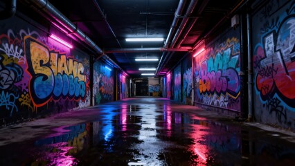 Fototapeta premium Graffiti alley with neon lights