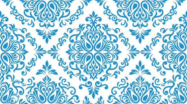 Seamless repeating pattern of ornate blue damask flourish motifs arranged on a clean white background