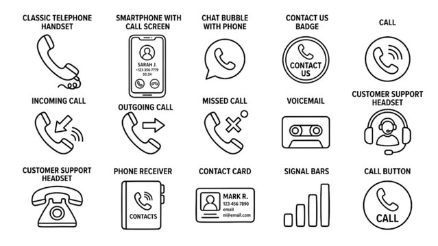 Phone Communication Outline Icons Set &ndash; Telephone, Chat Bubble, Mobile Call, Contact Us and Customer Support Vector Collection