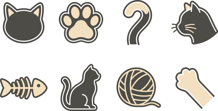 Set of cute cat themed including paws, yarn, fish skeleton and silhouettes