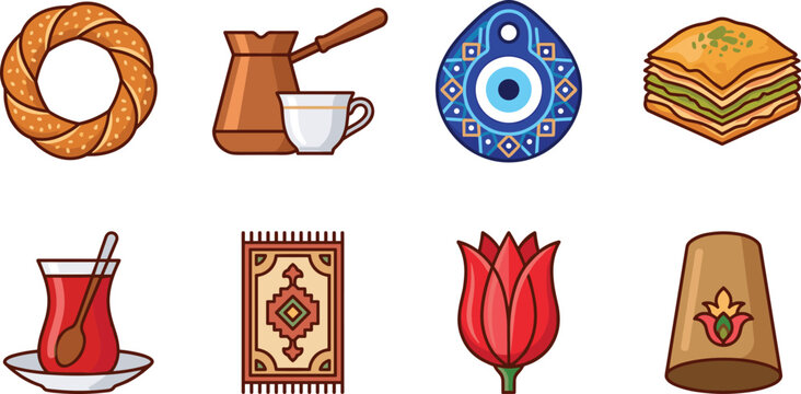 Set of traditional Turkish culture icons featuring food, beverages, carpets, and symbolic ornaments