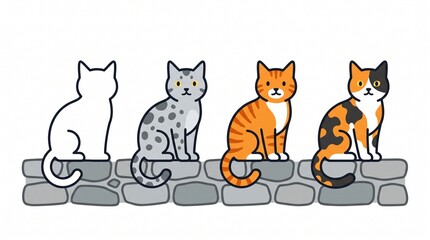 Naklejka premium Four cats sitting on a stone wall in different colors and patterns