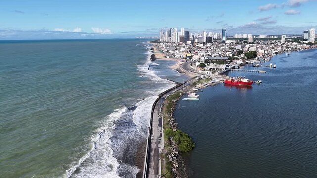 Brasilia Teimosa Beach In Recife Pernambuco Brazil. Turquoise Ocean Waves Gently Crashing On Tropical Beach. Town Sky Background Backgrounds Urban. Town Panoramic City. Recife Pernambuco.