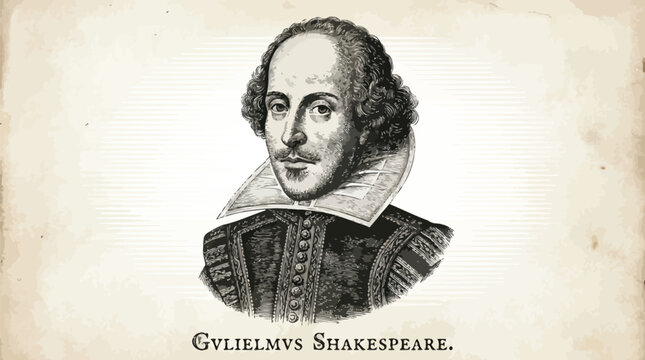 Shakespeare portrait displays the classic ink engraving style of the famous English playwright on textured antique paper.