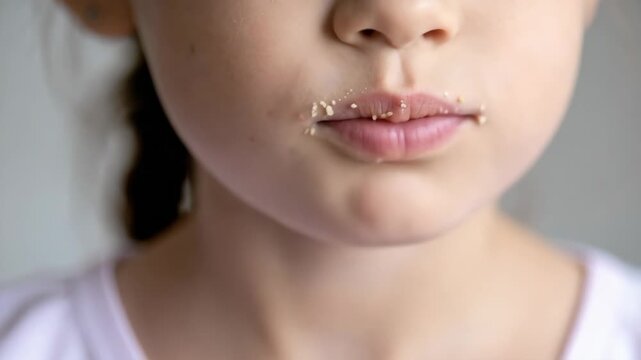 Child's messy mouth with biscuit crumbs after enjoying a tasty snack