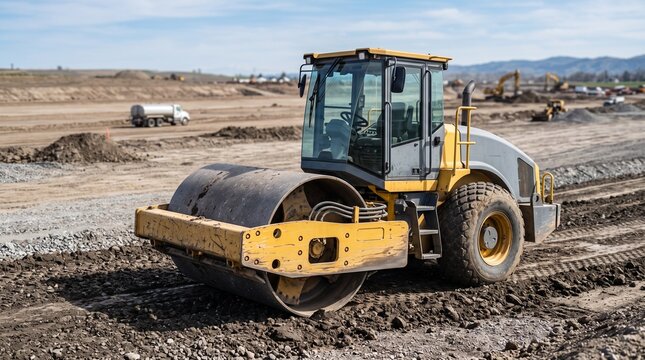Yellow road roller on construction site.
