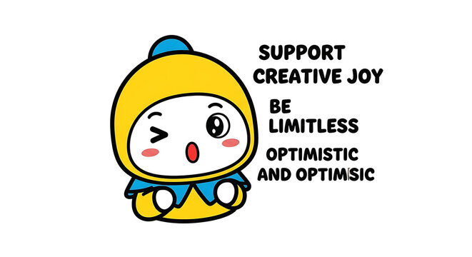 Cartoon character with yellow hood and blue scarf and optimistic text  supporting creative joy transparent background