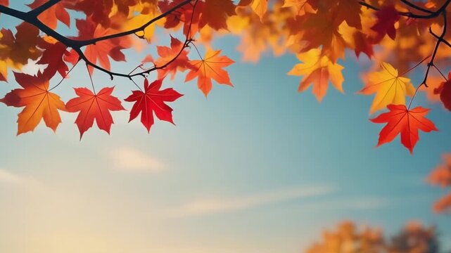 Close-up of colorful red and orange maple leaves hanging on tree branches during a bright, sunny autumn day with a clear blue sky background.