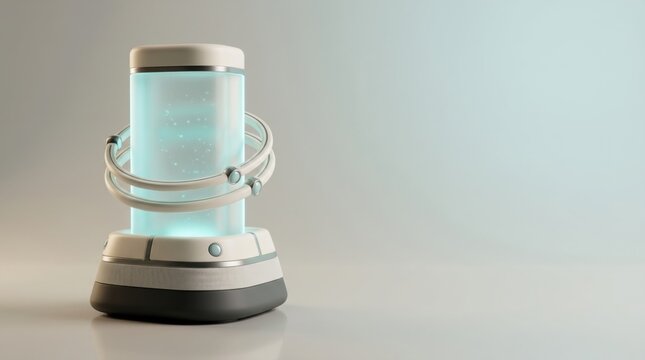 Futuristic scientific device with glowing blue liquid and rotating rings, advanced laboratory equipment concept