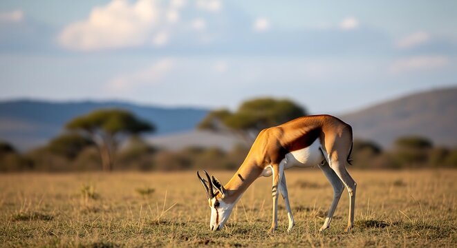 Antelope grazing on savannah grassland freely.