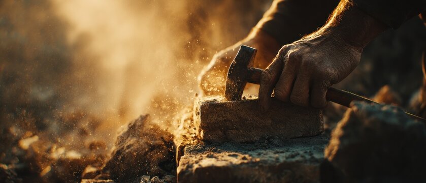 Close up of a hand using hammer on brick