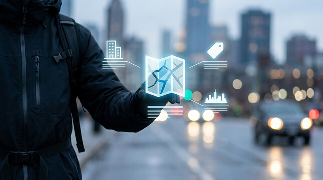 Traveler using augmented reality map hologram for navigation in a blurred urban city street at night, smart city technology concept for tourism.