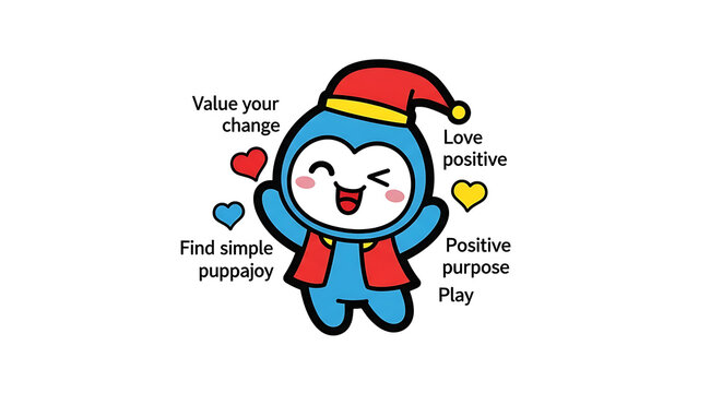 Cute cartoon character with hearts and positive words on white background transparent background