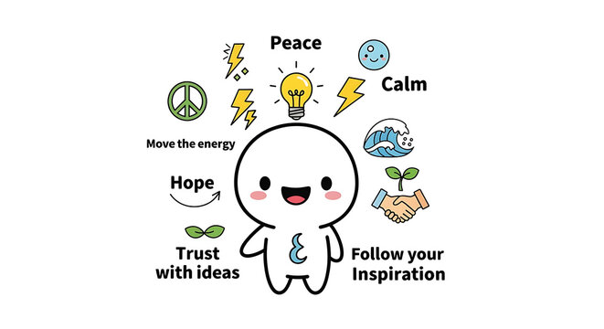 Cute cartoon character with inspiring words and symbols around head encouraging positivity and creativity transparent background