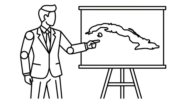 Businessman presenting Cuba map on whiteboard, strategy meeting