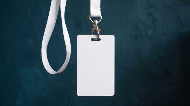 A blank white badge hangs from a lanyard against a dark background.