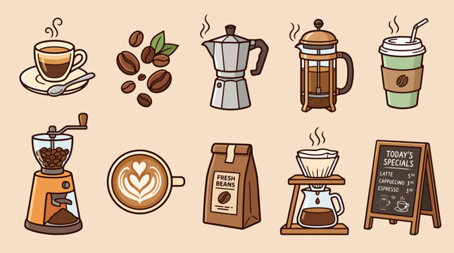 Set of coffee icons, including espresso cup, coffee beans, moka pot, french press, takeaway cup, grinder, latte art, bag of fresh beans, pour over coffee maker and chalkboard menu