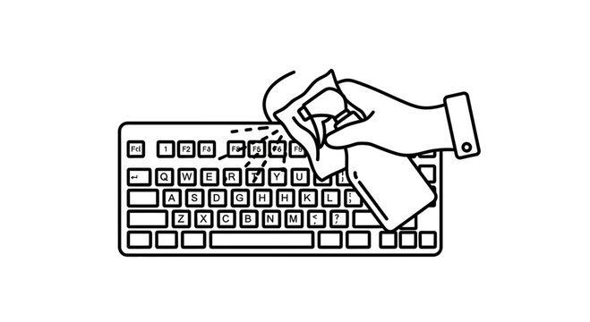 Hand cleaning computer keyboard with spray and cloth, hygiene and disinfection concept