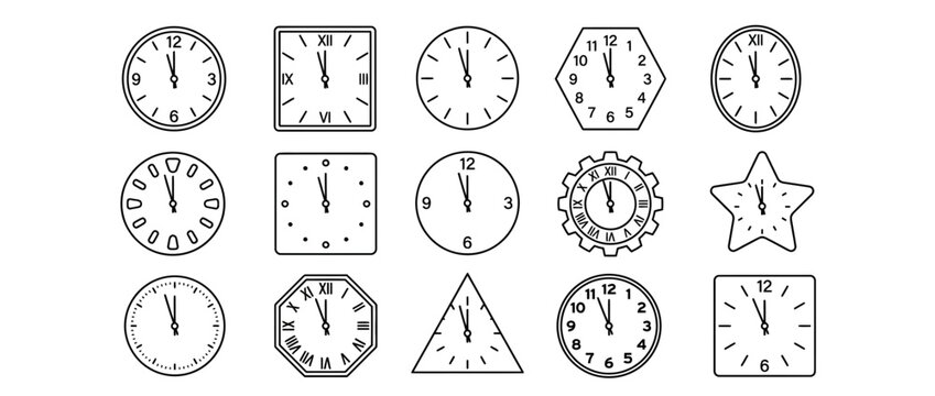 Collection of various clock face designs in different geometric shapes and styles