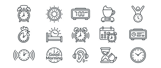 Fototapeta premium Minimalist Alarm Clock and Morning Schedule Linear Icons Collection