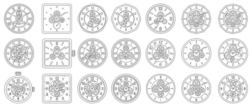 Mechanical watch face collection with visible gear mechanisms and diverse dial designs in line art