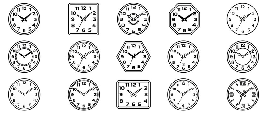 Minimalist analog clock icon collection with various geometric shapes