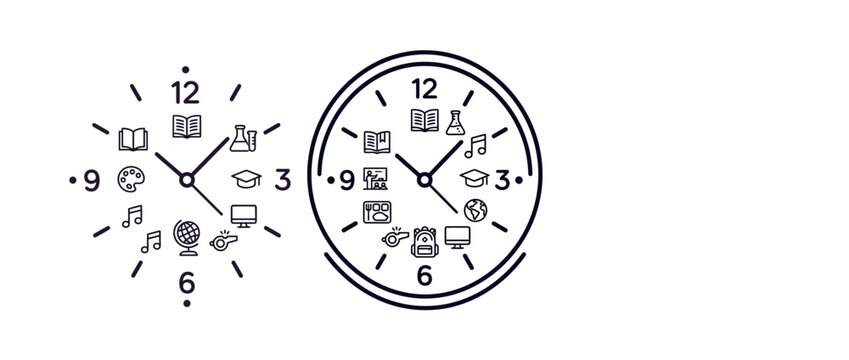 Minimalist Education School Schedule Wall Clock with Learning Subject Icons