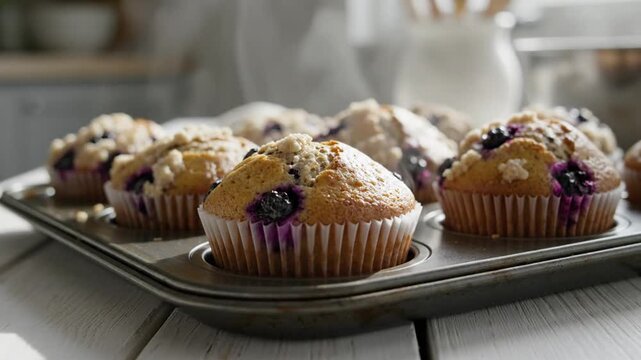 Baked blueberry muffins on a tray in a kitchen setting indoors