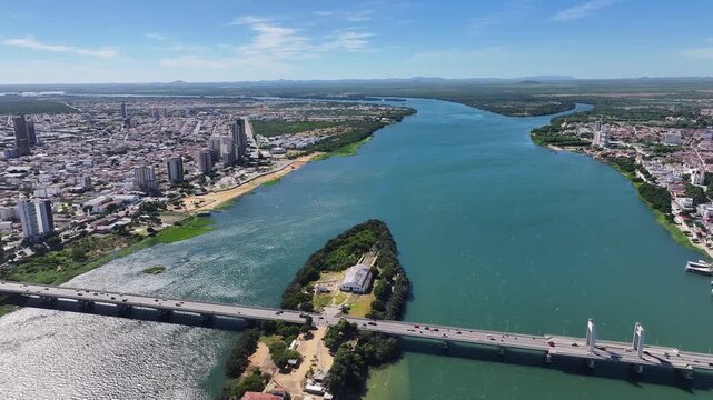 Dutra President Bridge In Petrolina Pernambuco Brazil. Birds Eye View Of Stunning Dark River And Forest Trees. Business Sky Downtown Cityscape. Business Downtown Panoramic. Petrolina Pernambuco.