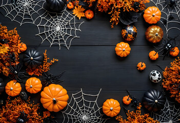 Fototapeta premium Halloween decorations with pumpkins and spider webs on black background