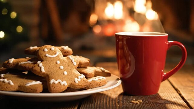Gingerbread cookies and a red mug sit on a wooden table by the fireplace indoors.